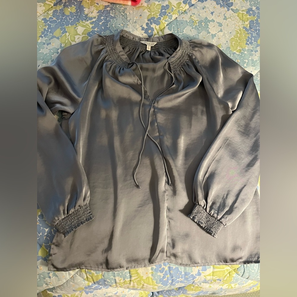 Lucky Brand Gray Smocked Blouse with Tie Front